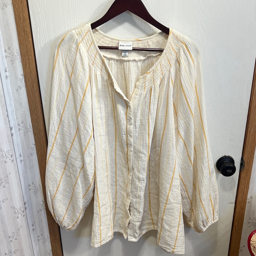 Ava & Viv Cream Blouse with Light Yellow Stripes